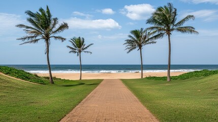 Coastal walkway to beach, palm trees, blue ocean, sunny day