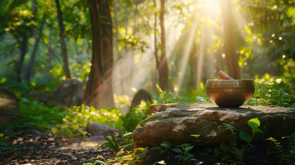 Forest and Tibetan singing bowl placed on a soft surface, symbolizing calmness, meditation, and spiritual well-being. Concept of mindfulness, relaxation, and inner peace.