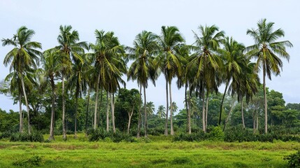 Obraz premium Coconut palms line a grassy field, tropical landscape