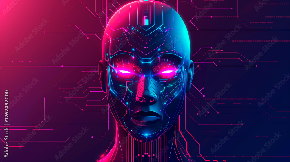 Poster futuristic digital illustration of a sleek humanoid robot head with glowing circuits on an abstract 