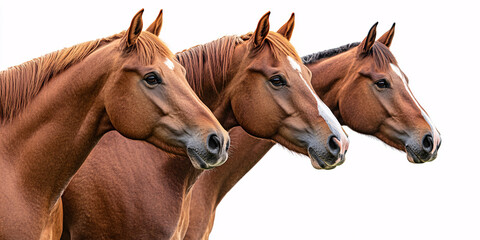Obraz premium A stunning image featuring three beautiful chestnut horses positioned side-by-side against a clean white backdrop.