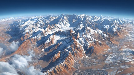 A magnificent top-down view of snow-capped mountains emerging through a sea of dense clouds.