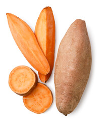Sweet potato and sliced pieces close-up on a white. Top view
