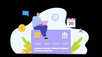 2D flat character animation showcasing characters using credit cards for both in-person and online transactions, demonstrating the ease and security of using credit cards for day-to-day purchases.