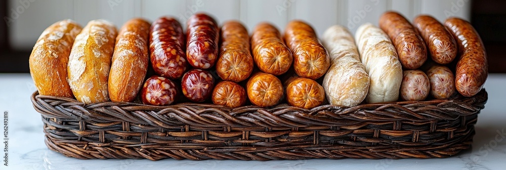 Poster this image features a beautifully arranged selection of various sausages and breads on a rustic plat