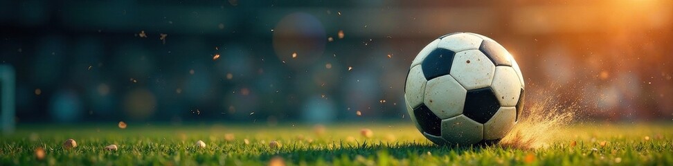 Naklejka premium Grunge textured soccer ball mid-air, dynamic motion , dynamic, soccer ball, grunge