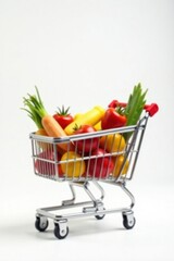 Half-filled shopping cart with various groceries on white background , food, shopping list, store