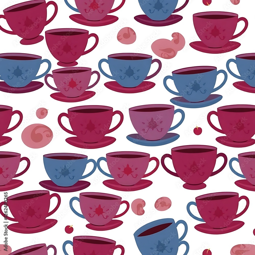 Poster tea time repeat: a charming seamless pattern featuring an array of teacups in shades of burgundy and