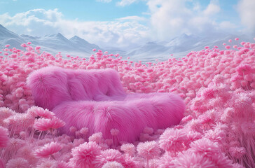  A pink, furry bed sits in the middle of a sea of flowers, surrounded by a blue sky.