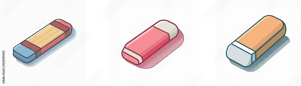 Poster three erasers in different colors and styles are displayed on a white background. rectangular and co