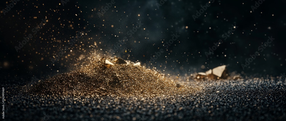 Poster golden glitter particles create a luxurious display on a dark backdrop with sparkling stones enhanci