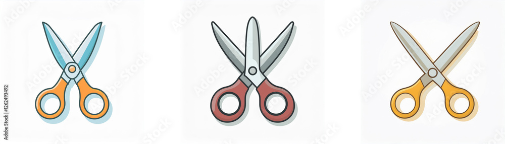 Poster three pairs of scissors with different handle colors are arranged in a row on a plain white backgrou