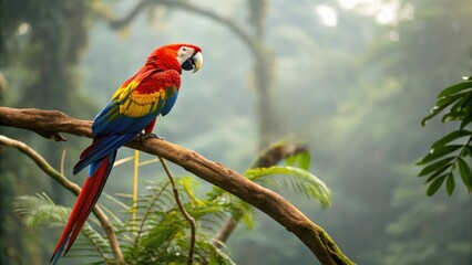 Obraz premium Scarlet Macaw perched on a branch in a lush rainforest