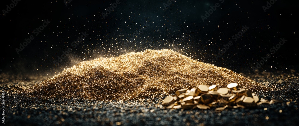 Poster golden glitter particles create a luxurious display on a dark backdrop with sparkling stones enhanci