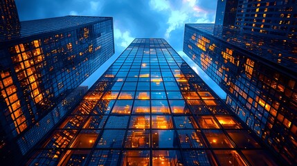 Skyscrapers, city night, low angle, illuminated windows, urban background, business