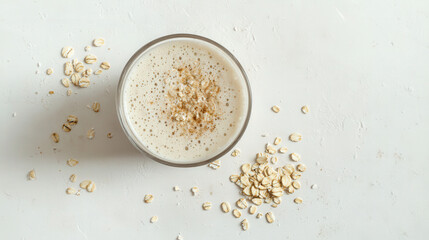Creamy oat drink in glass with scattered oats on light background, evoking sense of freshness and health. Perfect for nutritious start to day