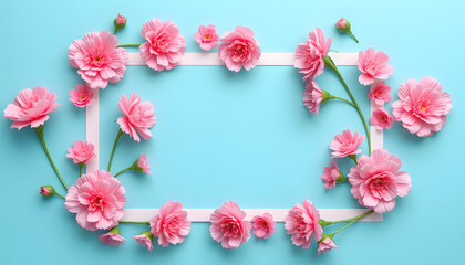 Frame made of carnation flowers. Pink floral banner with place for text, origami. with white shades