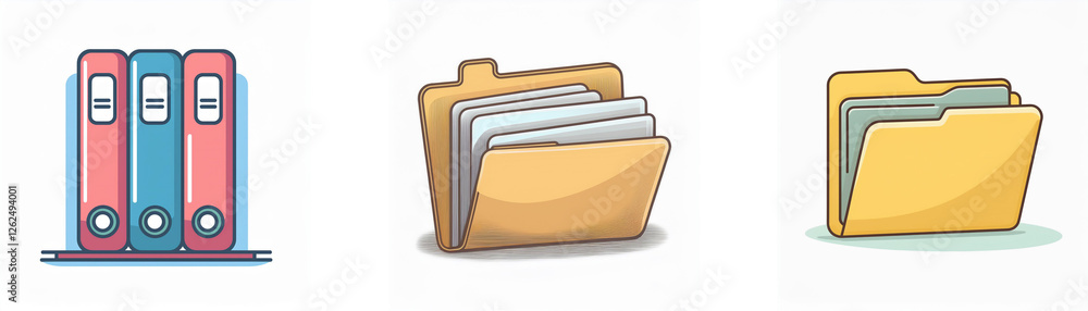 Poster three icons display office files. first, red and blue binders stand on a shelf. then, two yellow fil