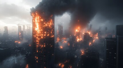 Fototapeta premium Urban inferno, Skyscrapers engulfed in raging fire and billowing smoke