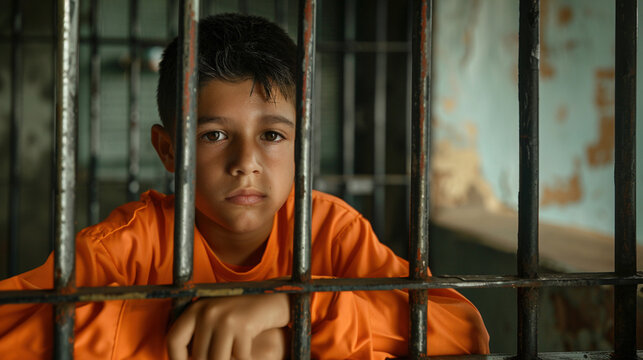 Sad young teenager in an orange prison uniform sitting behind bars, representing the struggles of juvenile delinquency and the justice system. Concept of youth, consequences, and rehabilitation.