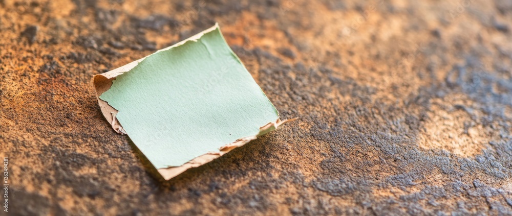 Poster close-up of a light green sticky note with torn edges resting on a textured brown cork board surface