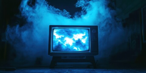 Television is on and the screen is showing a blue sky with clouds