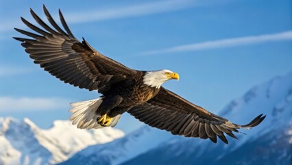 Naklejka premium Majestic bald eagle in flight over snow-capped mountains against a vibrant blue sky 