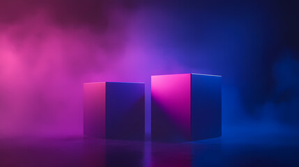 Two Cubes Lit by Pink and Blue Neon Lights Against a Dark Background