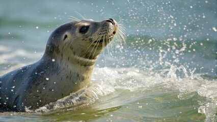 Obraz premium Harbor Seal Emerging from Ocean Waves 