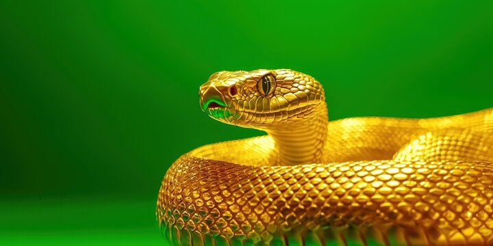 Gold colored snake is laying on a green surface