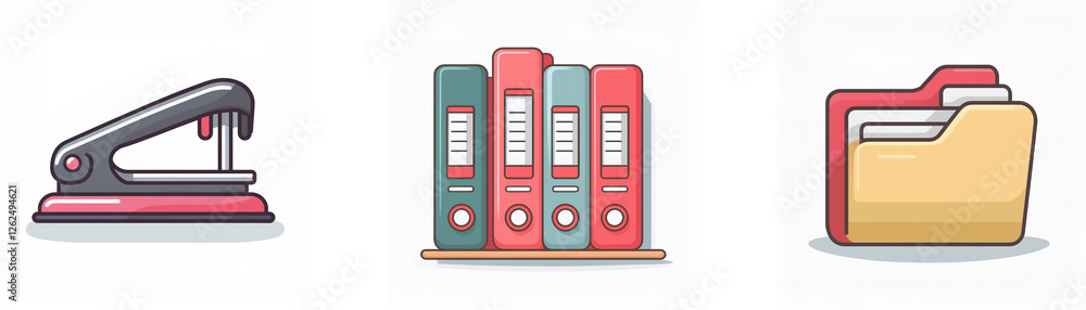 Poster image features office icons: a stapler, binders on a shelf, and a file folder, symbolizing document 