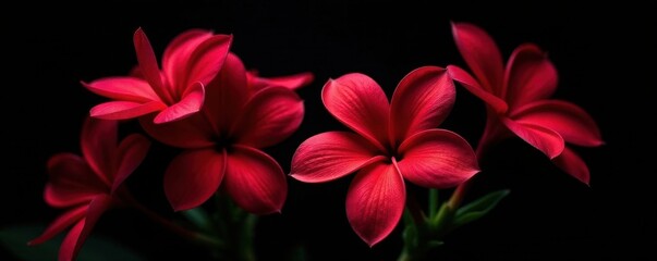 Obraz premium Intense red plumeria flowers, striking against a deep black background Ideal for design , high resolution, frangipani