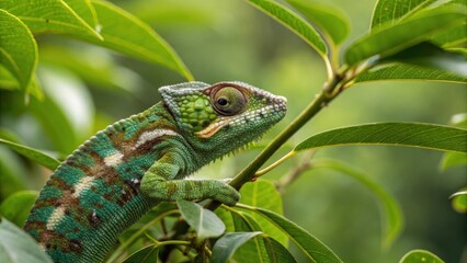 a chameleon camouflaged against green foliage, its eye is looking directly at the camera.  The chameleon is green and has a speckled pattern. The background is a blur of green leaves.