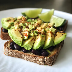 Avocado and black bean toast with a sprinkle of chili flakes and lime.
