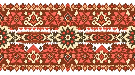 Vibrant Ethnic Pattern: A captivating seamless border design showcasing rich, earthy tones and intricate geometric patterns reminiscent of traditional folk art.