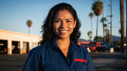 Professional full-body portrait of young Latin woman mechanic in button-up work shirt, smiling confidently outside California automotive industrial area.