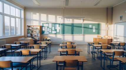 Ein Klassenzimmer mit Tischen und Stühlen ohne Schüler