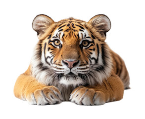 Fototapeta premium Tiger lying down animal portrait isolated on transparent background, png