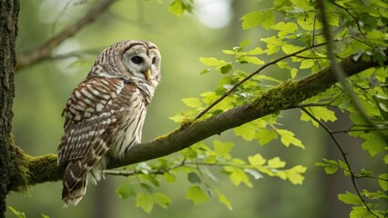 Obraz premium Majestic barred owl perched on a tree branch in a lush forest