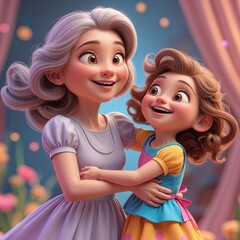 A LOVING MOMENT: A MOTHER AND DAUGHTER SHARING A GENTLE EMBRACE, CAPTURED IN A WHIMSICAL CARTOON STYLE WITH BRIGHT COLORS , AI GENERATED 3D CHARACTERS 