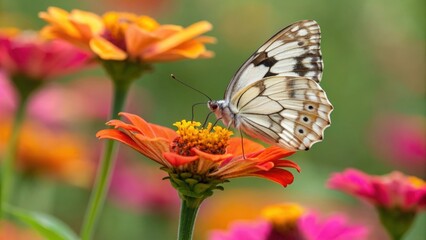 a butterfly with white and black wings delicately perched on a vibrant orange zinnia flower. The butterfly is surrounded by a blurred background of other colorful flowers.