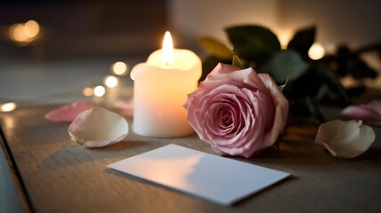 Romantic Evening Ambiance: A serene composition featuring a soft pink rose, gentle candlelight, scattered petals, and a blank card, evoking an atmosphere of love, intimacy, and heartfelt emotion.