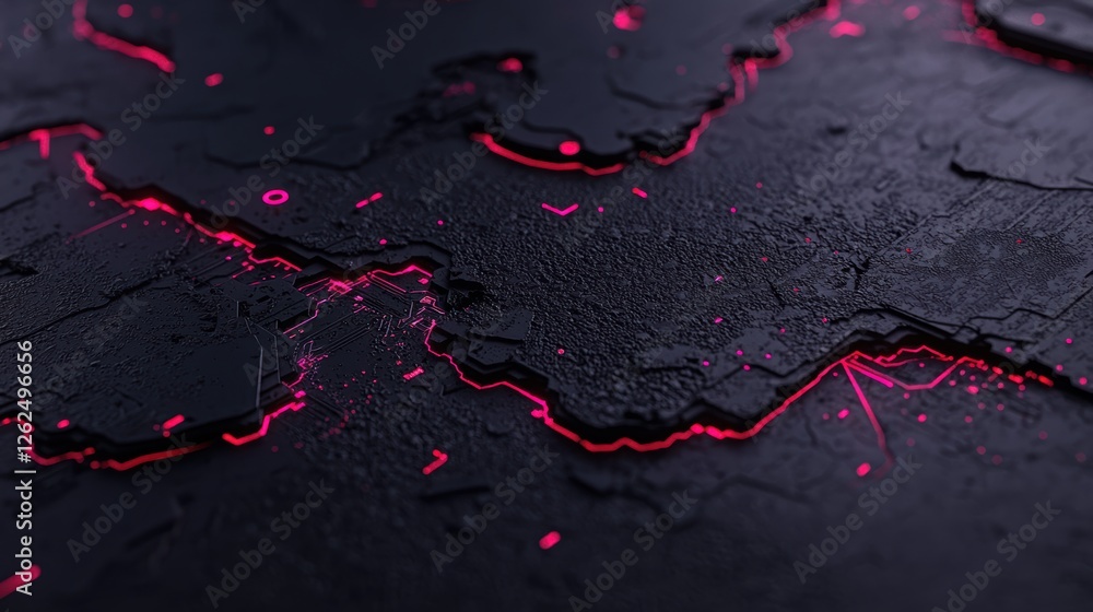 Poster abstract birds eye view tech design with vibrant neon lines on dark background