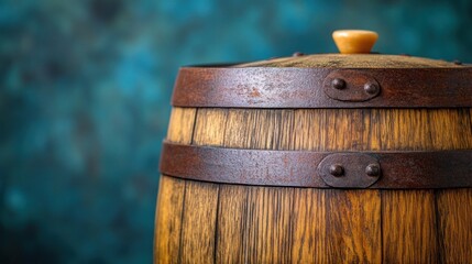 Fototapeta premium Antique wooden barrel on teal backdrop