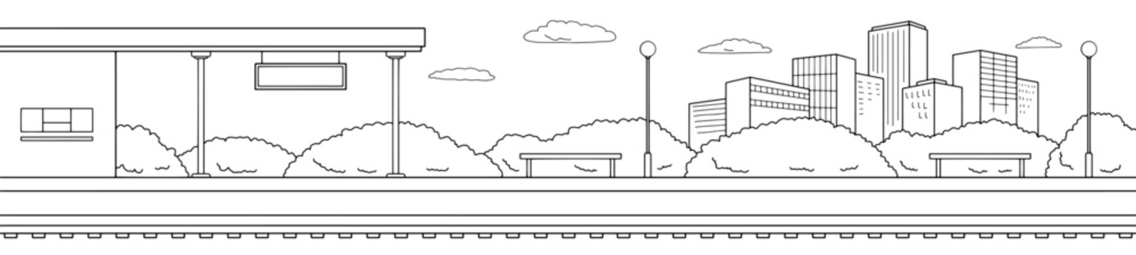 Railway station platform graphic train sketch long illustration vector 