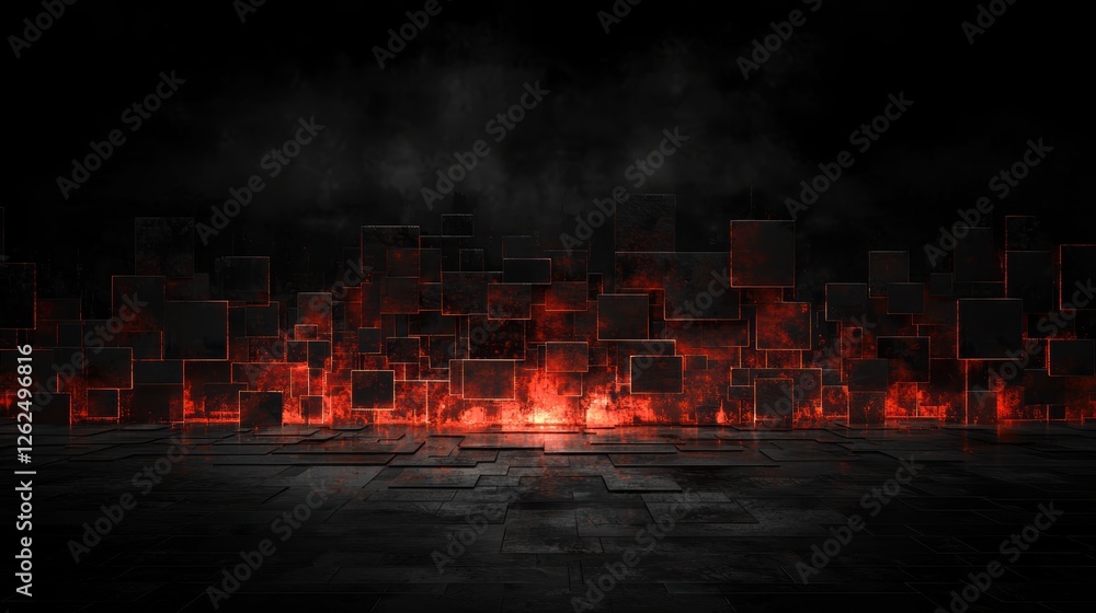 Poster panoramic abstract visualization of techno-inspired digital landscape with fiery elements