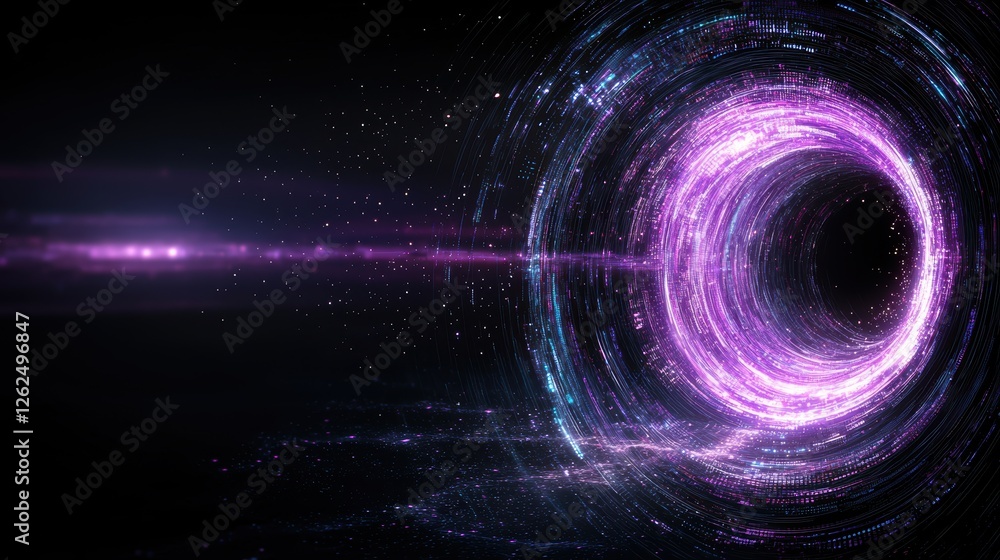 Poster wide angle view of an abstract tech design featuring swirling lights and cosmic elements