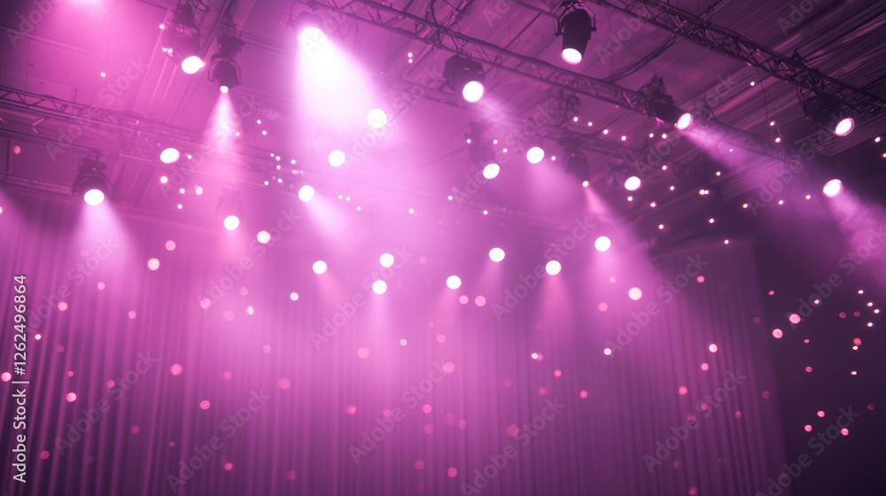 Poster close up view of professional stage rigging with illuminated lights and stunning visual effects