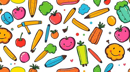Happy Veggie and Pencil Pattern: A vibrant, playful seamless pattern featuring cheerful cartoon vegetables like carrots, tomatoes, and broccoli alongside colorful pencils. Perfect for kids' products.