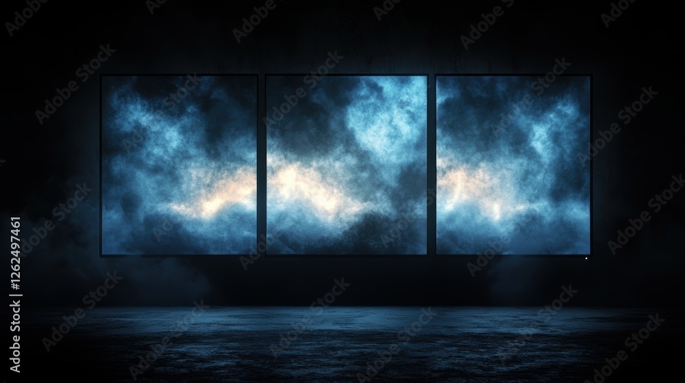 Poster close-up shot of a dark room with three monitors displaying abstract blue cloud patterns